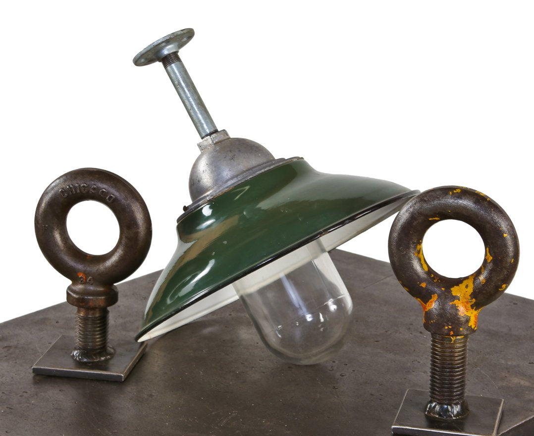 original and intact c. 1920's american industrial single "explosion proof" green porcelain enameled wrigley chewing gum factory pendant light with bulb guard