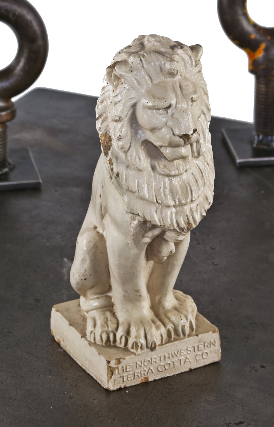 one of two original and nearly identical early 20th century white glazed figural "rearing lion" northwestern terra cotta salesman or showroom sample