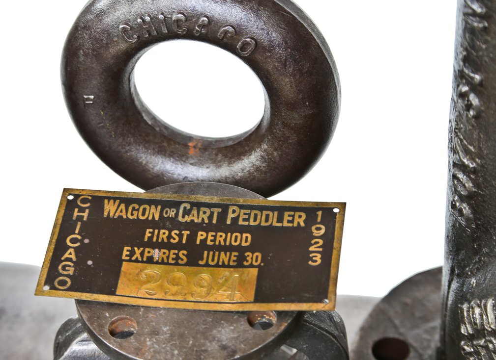 early 1920's original single-sided antique american stamped brass chicago cart or wagon peddler license with intact baked black enameled finish