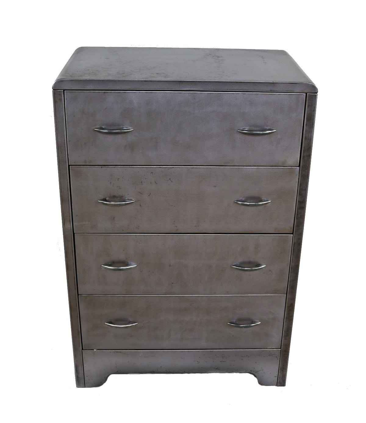 original c. 1930's five-drawer folded and pressed steel hospital or hotel room stationary dresser with intact streamlined style handles