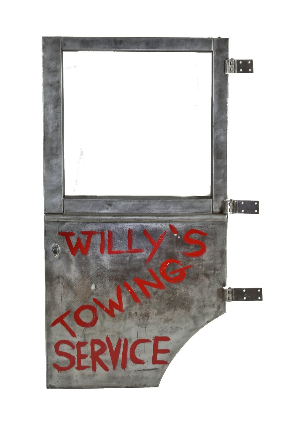intact original early 20th century american industrial "willy's towing service" automobile steel and wood door with intact reinforced hinges