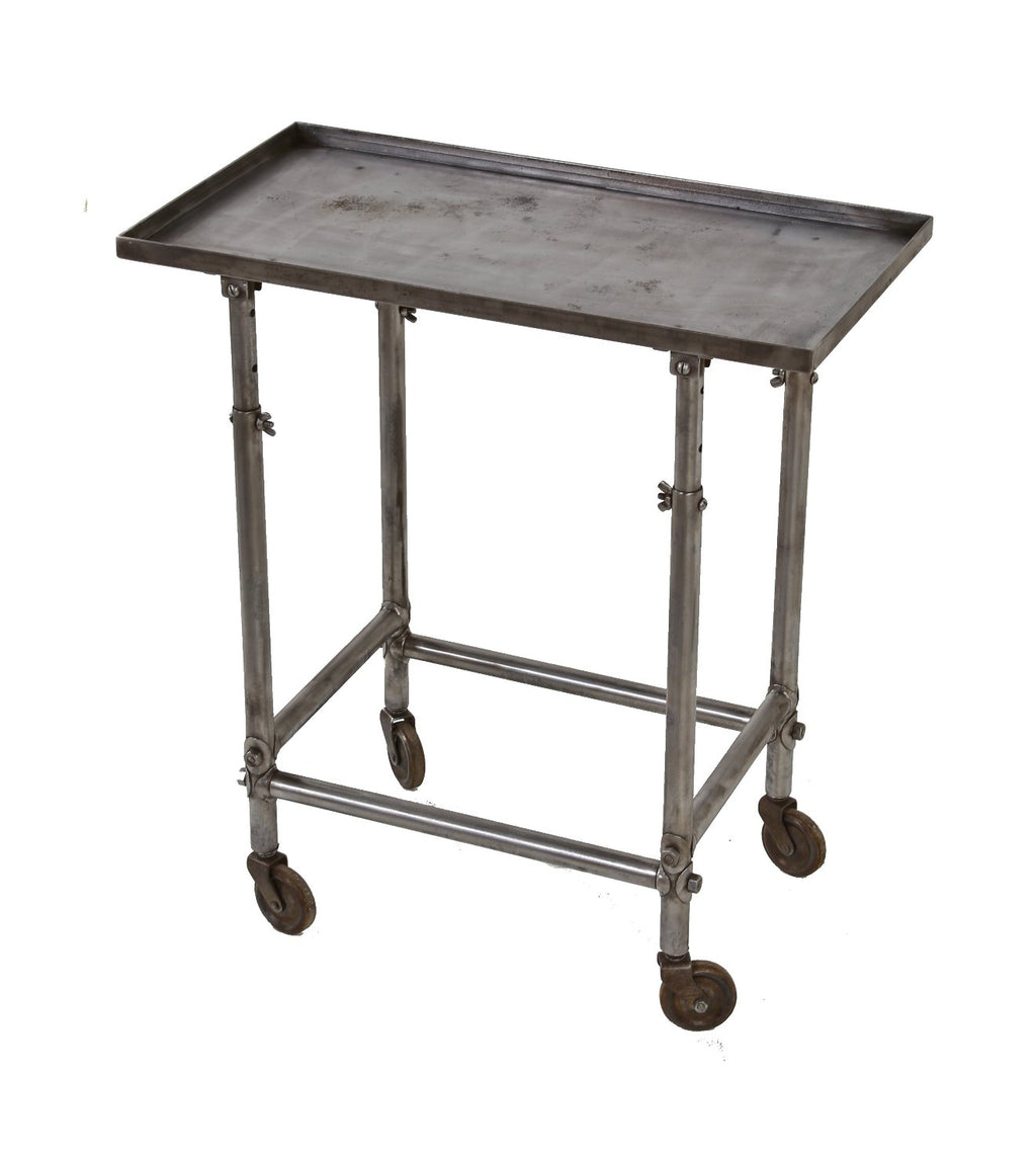 refinished c. 1930's american adjustable height tubular steel medical apparatus mobile support table with bassick casters