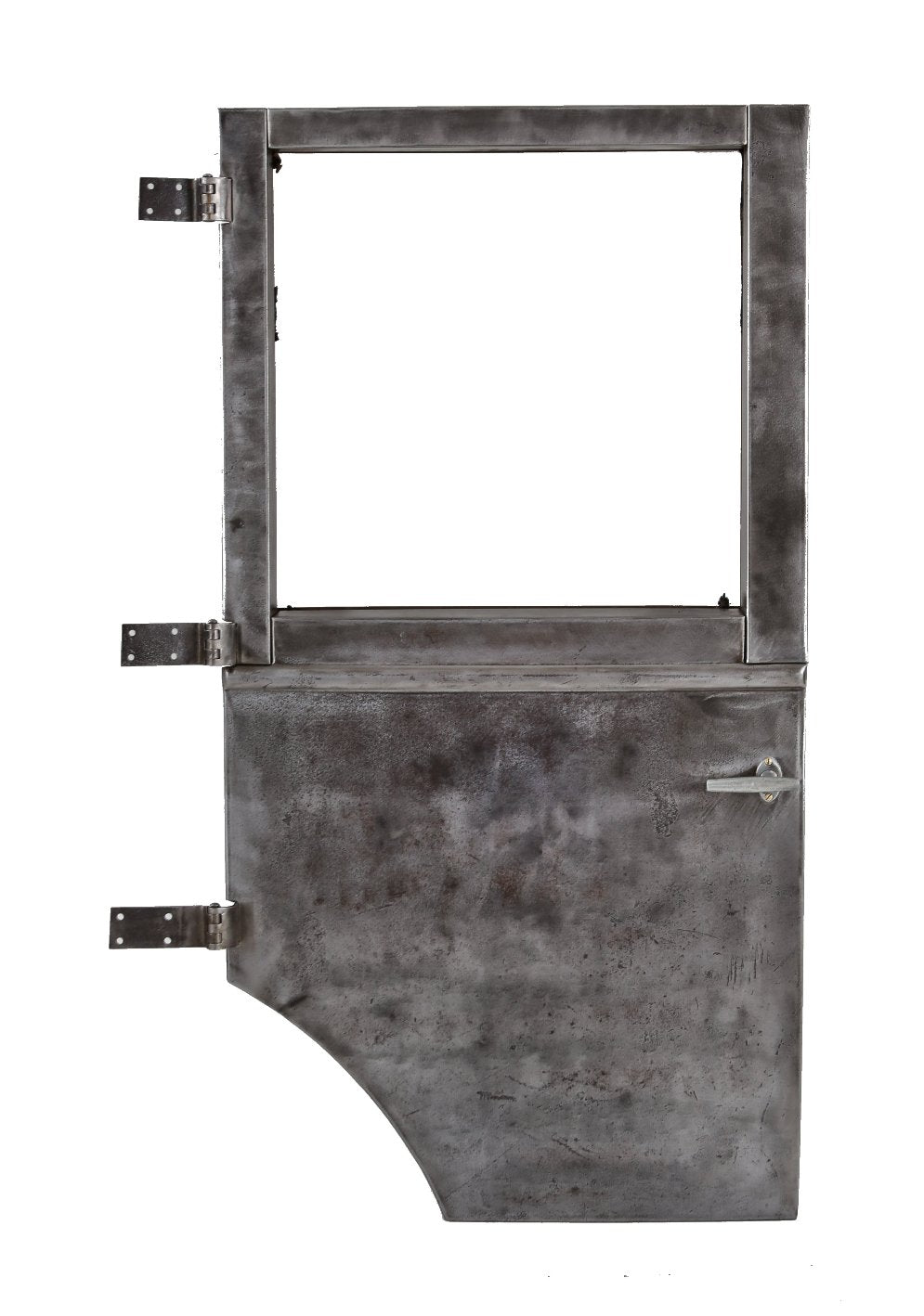 c. 1920's american antique industrial cold-rolled steel hinged ford automobile door with window opening and handle