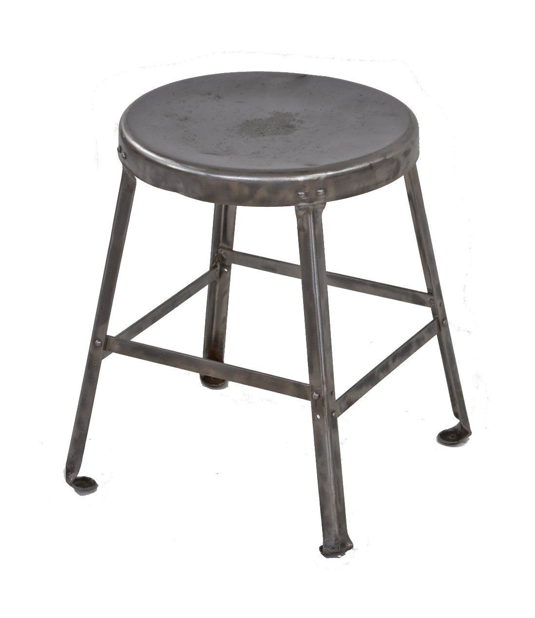 original c. 1930's american industrial cold-rolled steel riveted joint four-legged stool with inward turned ball feet