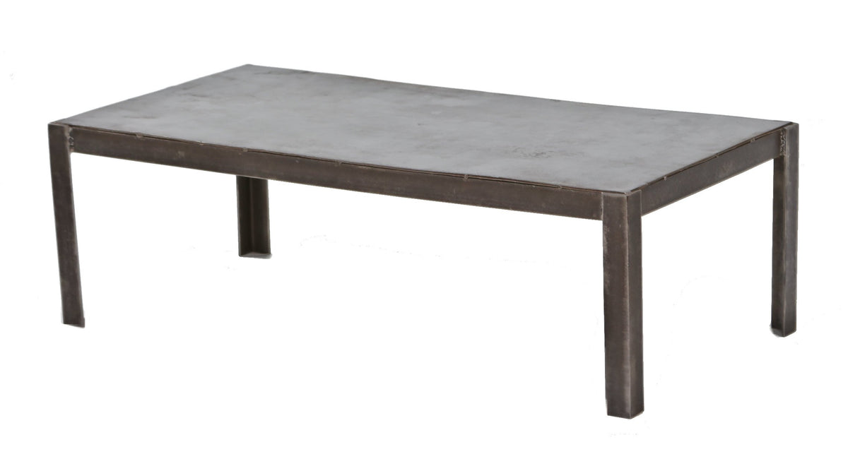 heavy duty repurposed american industrial all-welded joint solid steel low-lying four-legged coffee table with brushed metal finish
