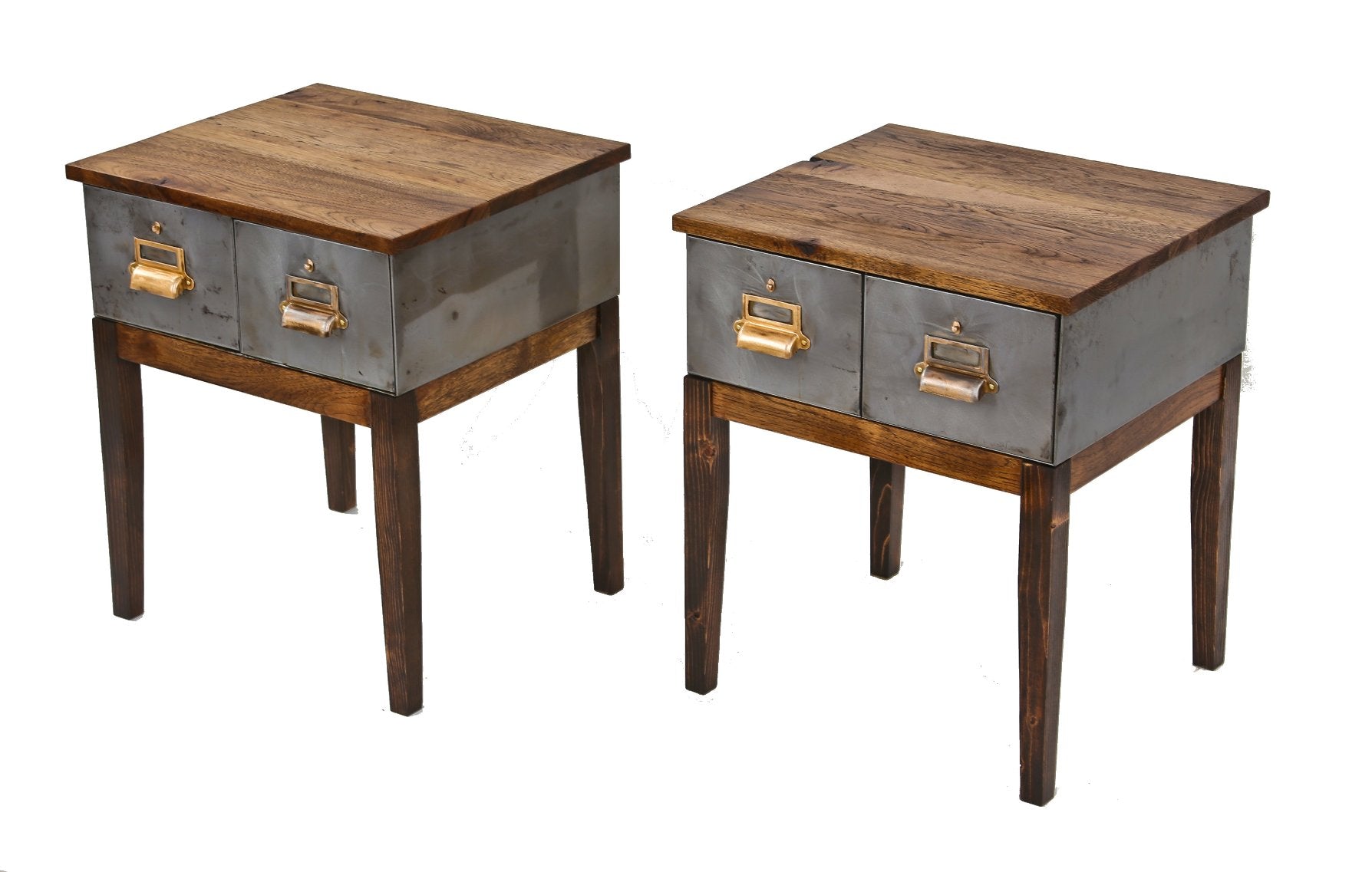 pair of repurposed vintage american industrial four-legged low-lying side tables with sliding drawers and newly added hickory wood tops