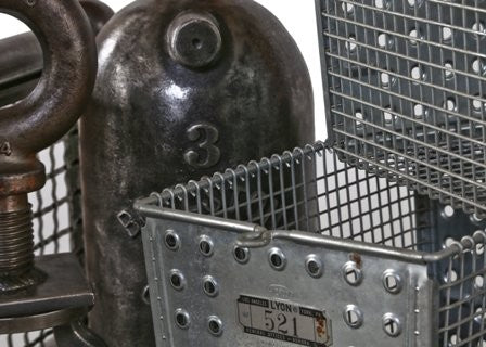 four original vintage american industrial reinforced galvanized steel locker room stackable baskets with number plaques and gridded wire sides