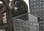 four original vintage american industrial reinforced galvanized steel locker room stackable baskets with number plaques and gridded wire sides