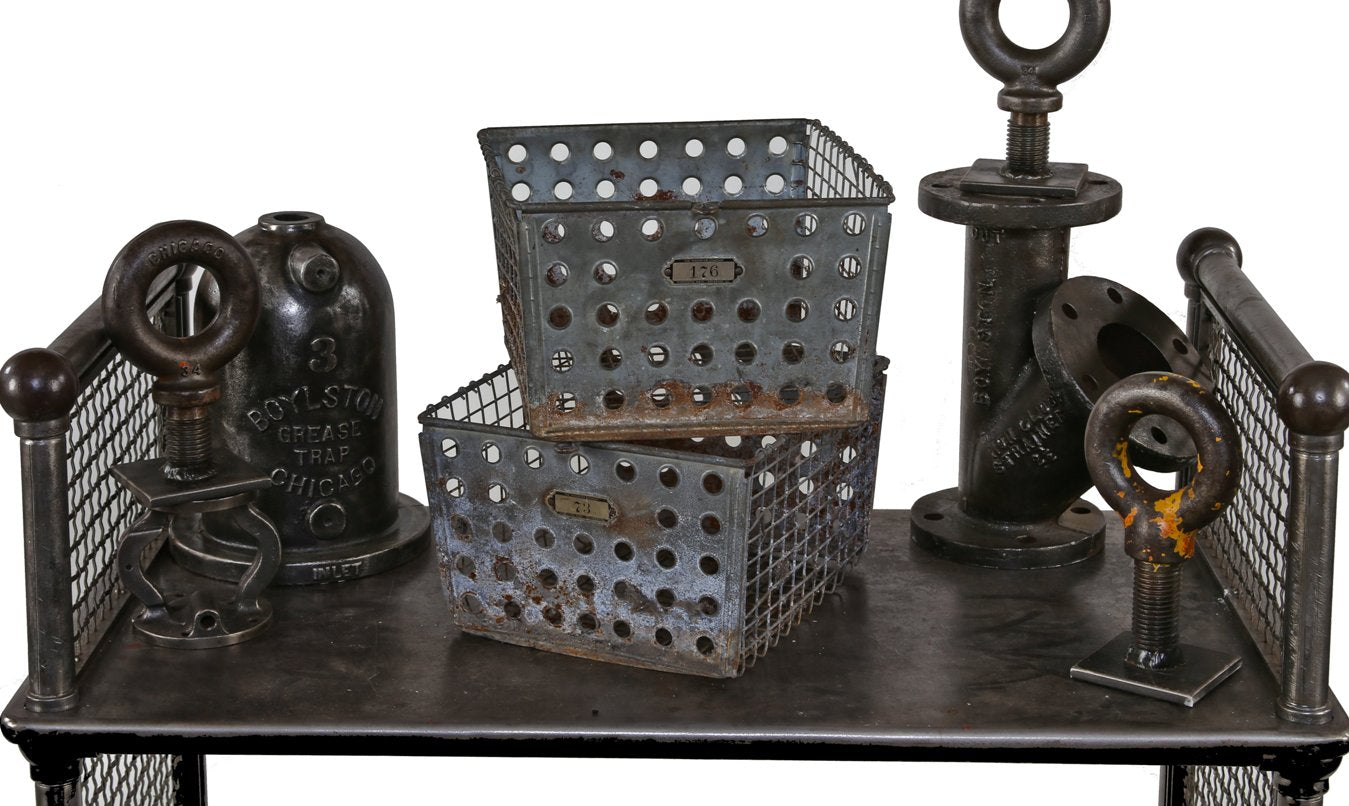 two matching c. 1940's american industrial weathered and worn detroit school system locker room baskets with plaques