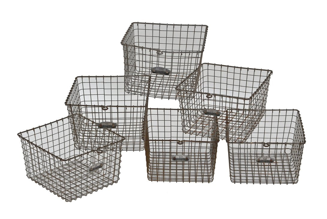 late 1920's original antique industrial steel wire mesh "american" school locket room storage baskets with number plaques