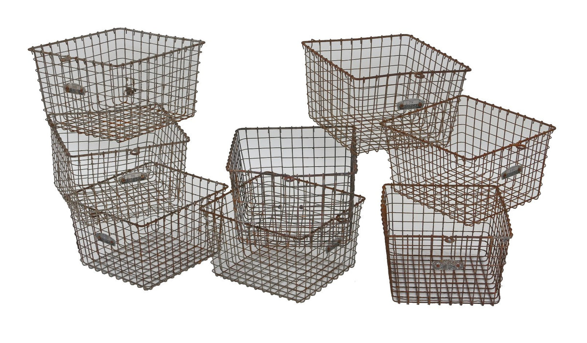 large lot of eight matching original american industrial wire mesh detroit public school locker room baskets with plaques