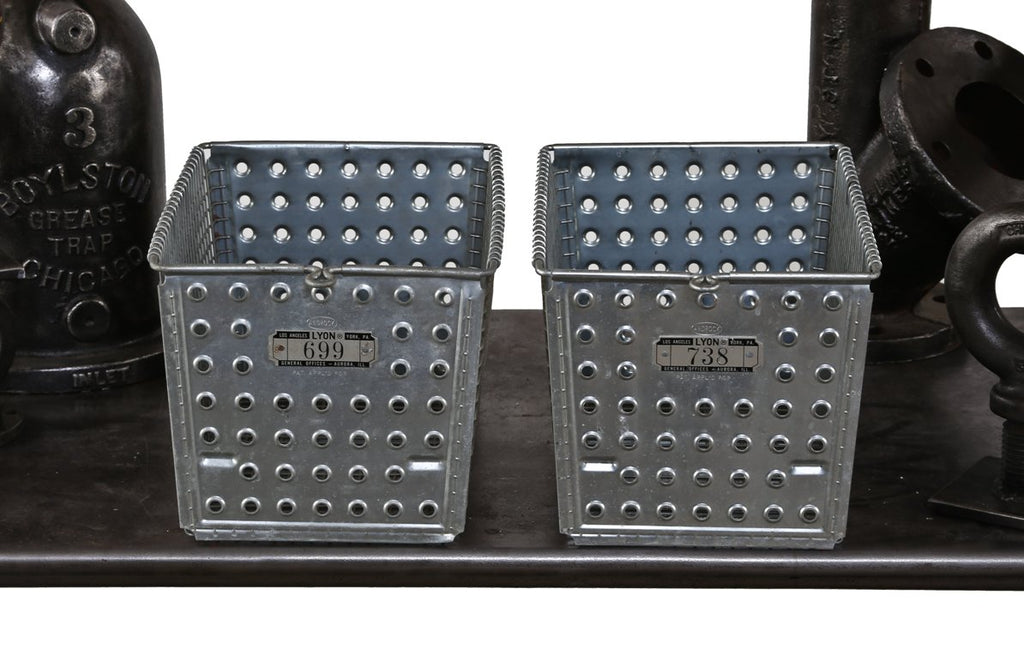 two matching all original american industrial lightweight galvanized steel "lyon" gym locker room wire baskets with numbered plaques