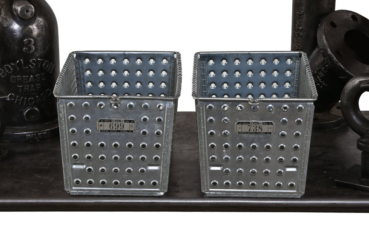 two matching all original american industrial lightweight galvanized steel "lyon" gym locker room wire baskets with numbered plaques
