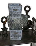 all original matching american industrial pressed and folded galvanized steel detroit school locker room storage baskets