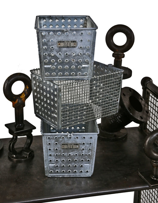 all original matching american industrial pressed and folded galvanized steel detroit school locker room storage baskets