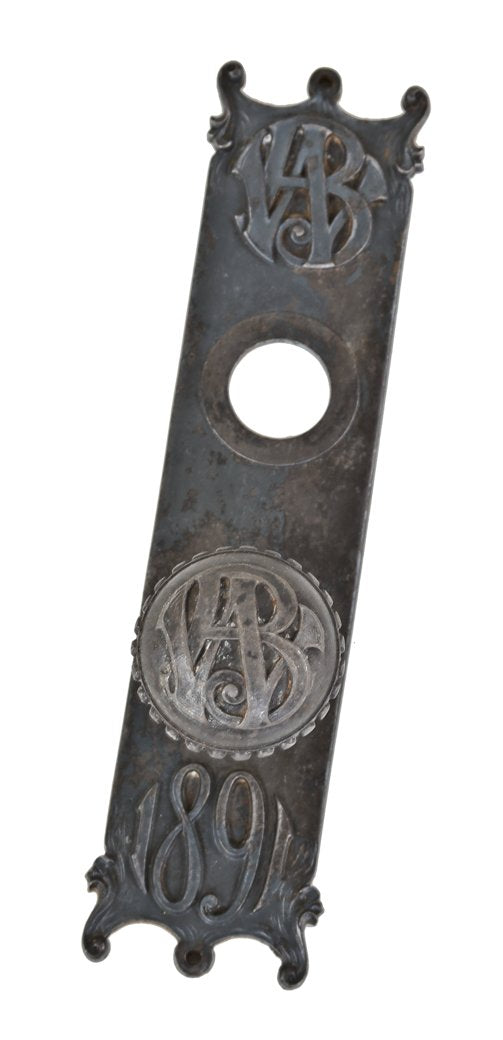 c. 1890's original and intact interior historic wainwright building office door monogrammed escutcheon and matching doorknob with beaded rim