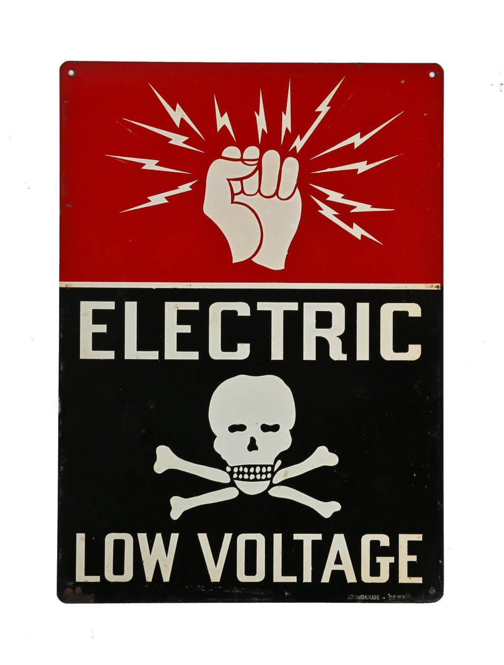 hard to find late 1940's american industrial factory "low voltage" baked enameled steel sign with skull and crossbones