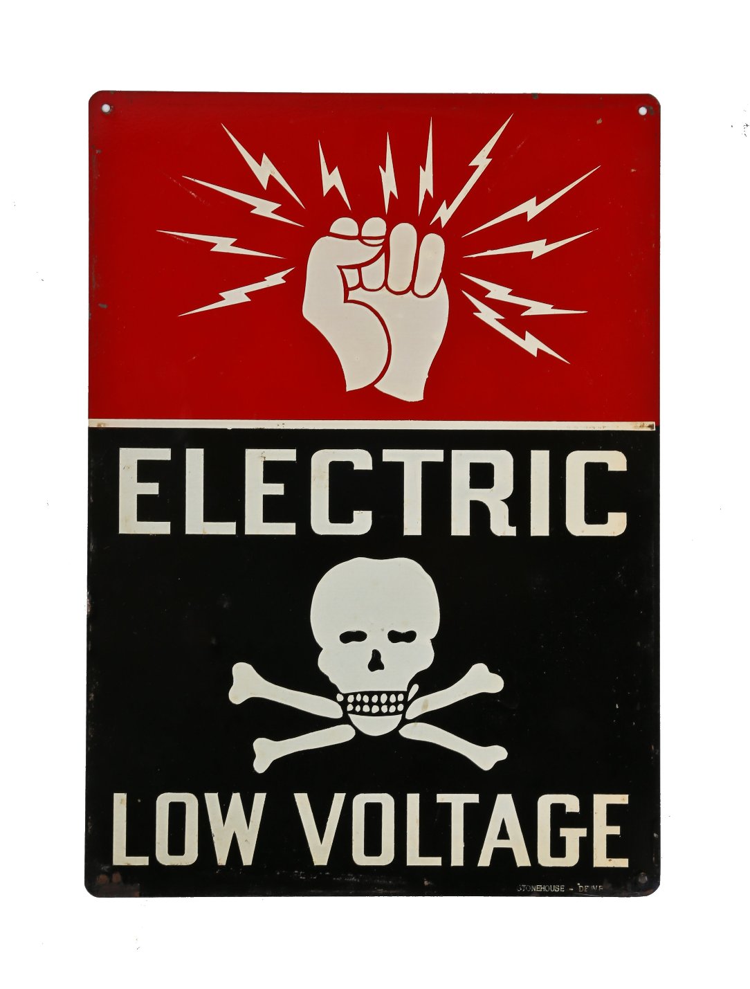 hard to find late 1940's american industrial factory "low voltage" baked enameled steel sign with skull and crossbones