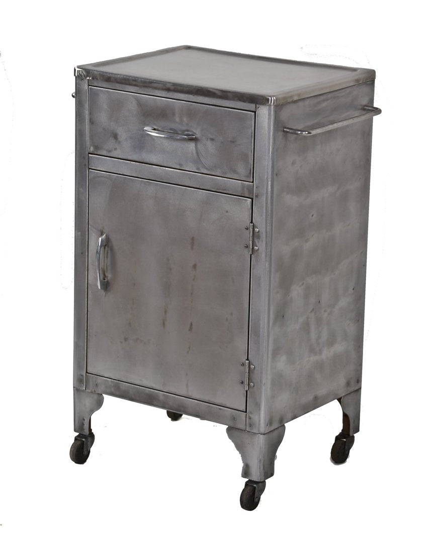 original cleaned and refinished vintage american medical cold-rolled steel hospital examination room supply cabinet with towel rod