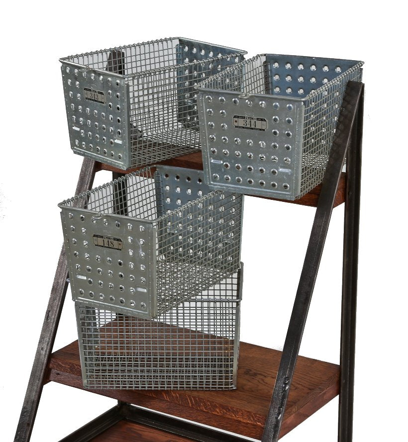 four original vintage american industrial reinforced galvanized steel locker room stackable baskets with number plaques and gridded wire sides