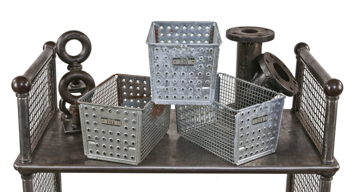 original and intact matching american industrial stackable galvanized steel city school locker room storage baskets