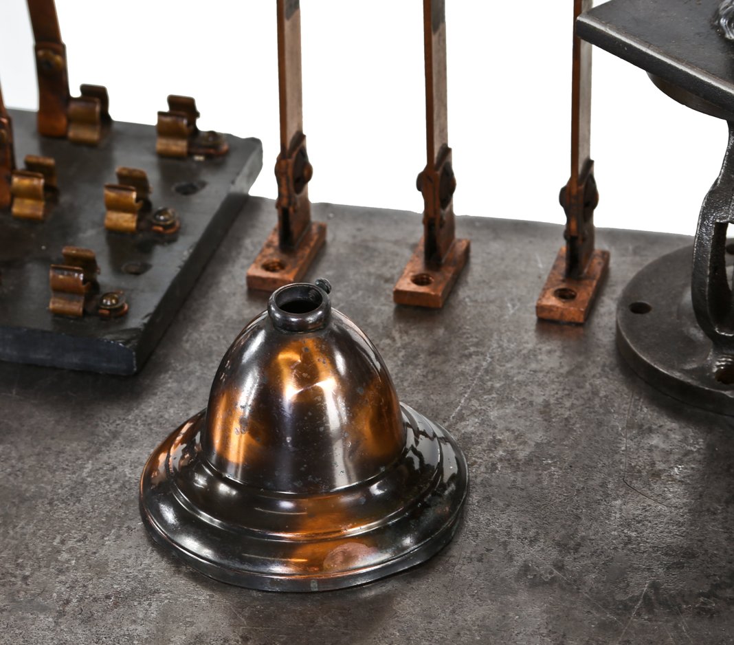 rare and desirable original c. early 20th century antique american spun brass ceiling fixture canopy with oxidized copper finish