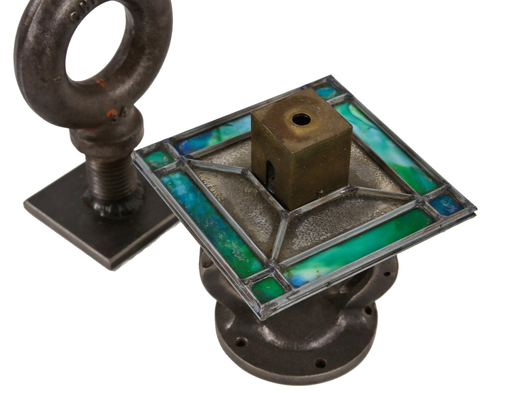 original early 20th century antique american strongly geometric mission or craftsman style leaded art glass light fixture shade with socket housing