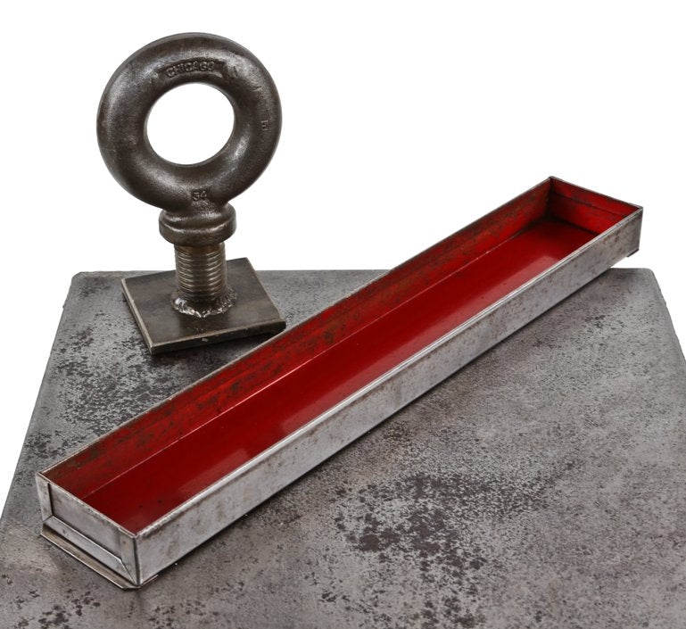 compact c. 1940's american industrial cold-rolled brushed steel long and narrow toolbox compartment or tray with interior red paint finish