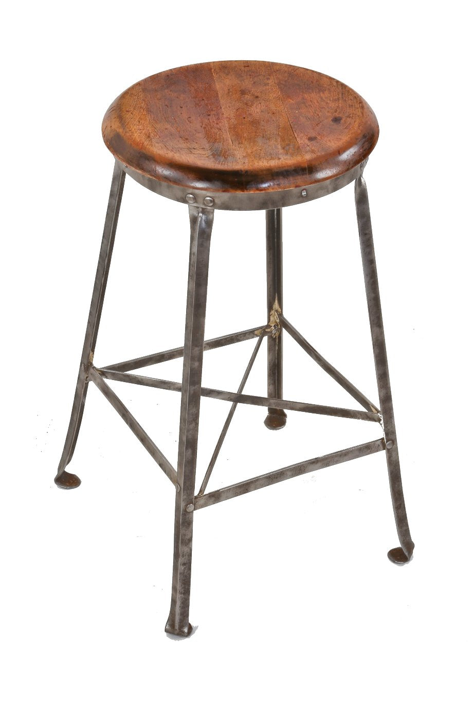 single c. 1930's refinished american industrial four-legged riveted joint angled steel machinist's stool with maple wood seat