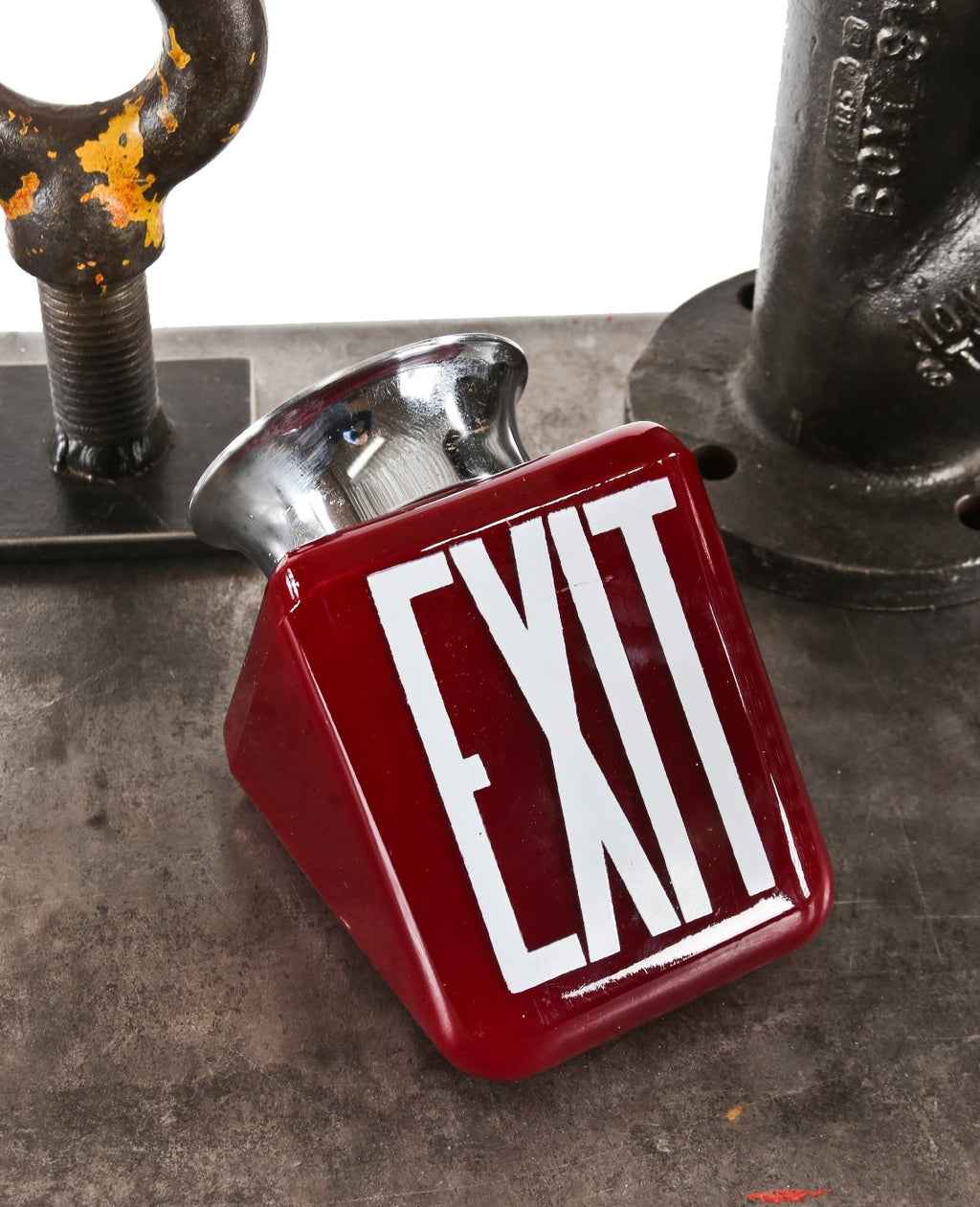 original late 1930's american double-sided ceiling mount ruby red glass illuminated theater exit light with baked white enameled lettering