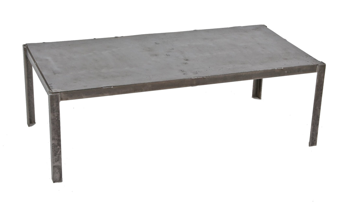 low-lying repurposed c. 1940's american industrial all-welded joint four-legged coffee table with brushed metal finish