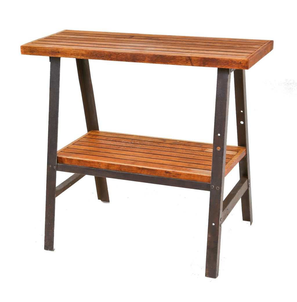 exceptional vintage american industrial repurposed riveted joint steel stationary desk or workstation with oak wood top and undershelf