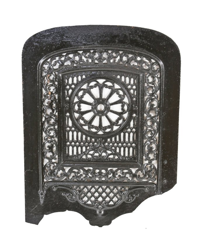 c. 1860's american victorian era black enameled arch top ornamental cast iron interior residential fireplace summer cover with intricate filigree