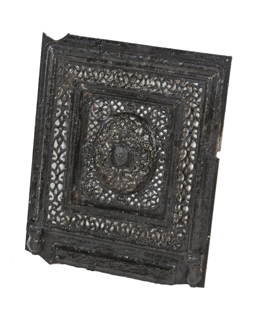original mid-19th century ornamental cast iron chicago italianate interior marble mantel summer cover with black paint finish; largely intact