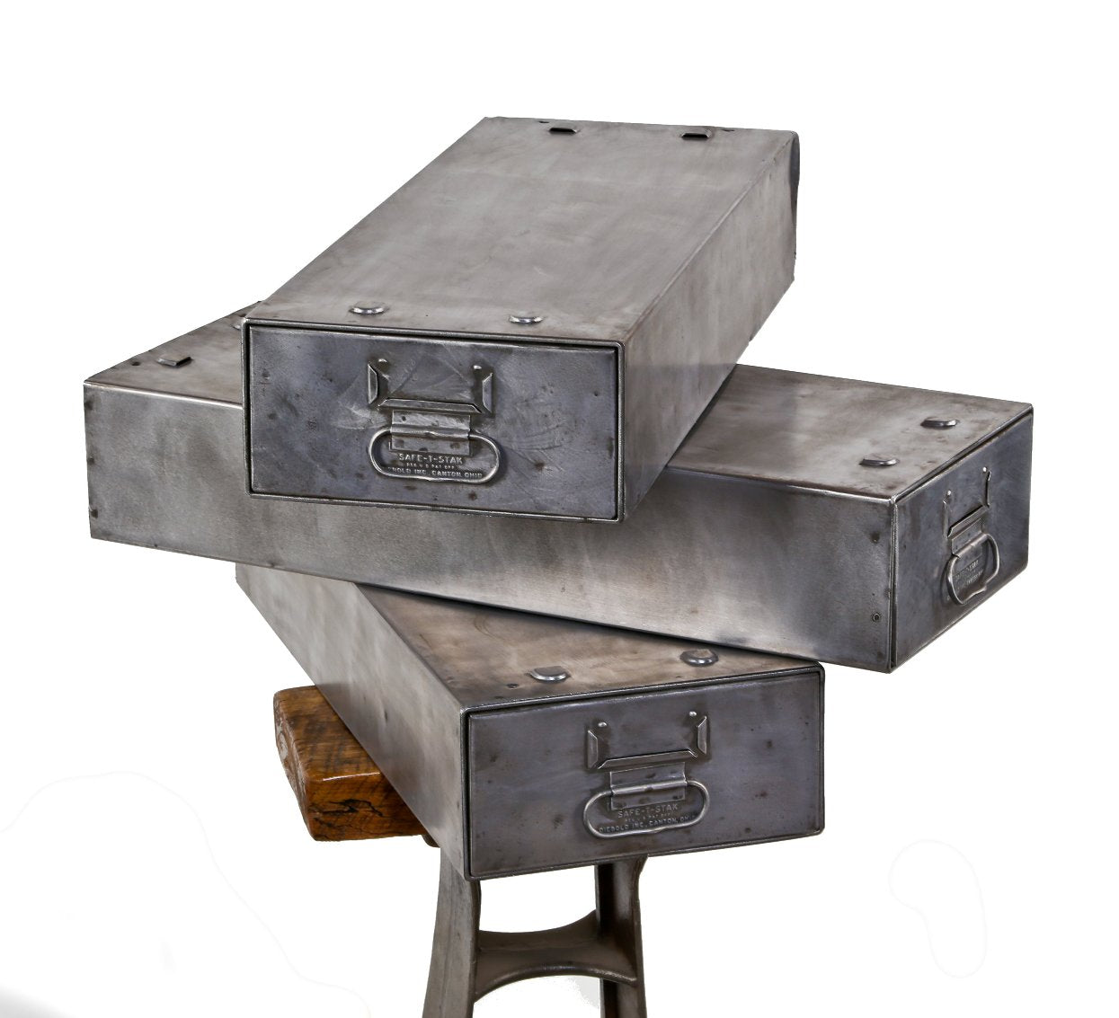 group of three matching late 1940's american industrial reinforced steel "safe-t-stak" hospital storage cabinet files