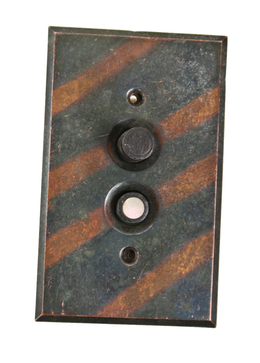 original early 20th century american antique oxidized copper-plated push button plate and switch with pearl inlay