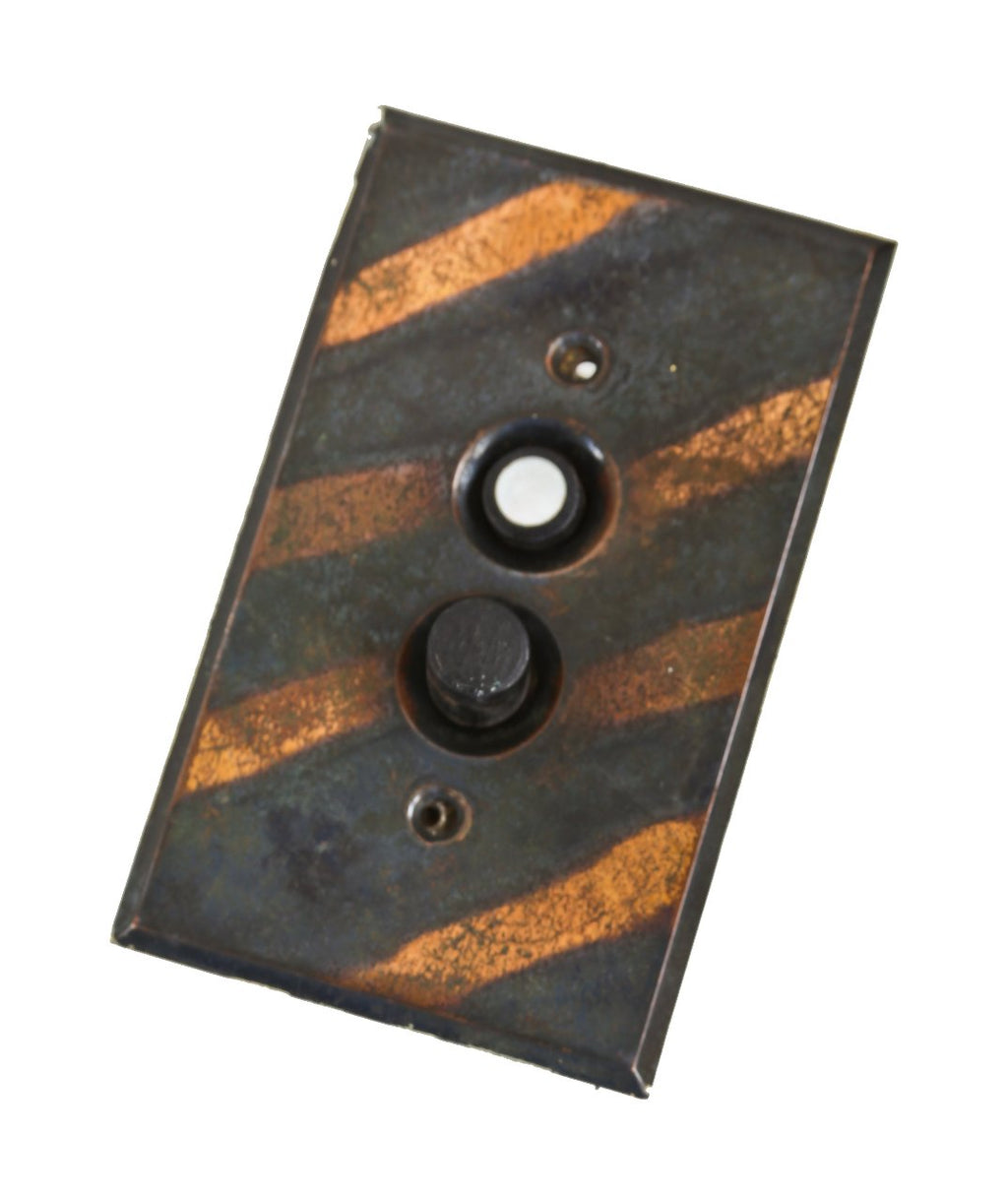 c. 1900's original antique american flush mount electric push button wall switch with oxidized copper-plated brass backplate