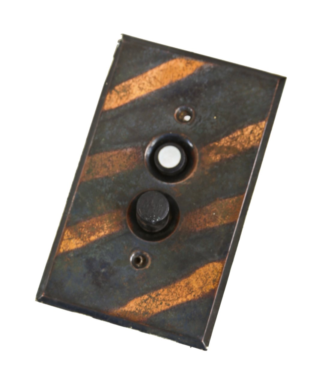 c. 1900's original antique american flush mount electric push button wall switch with oxidized copper-plated brass backplate
