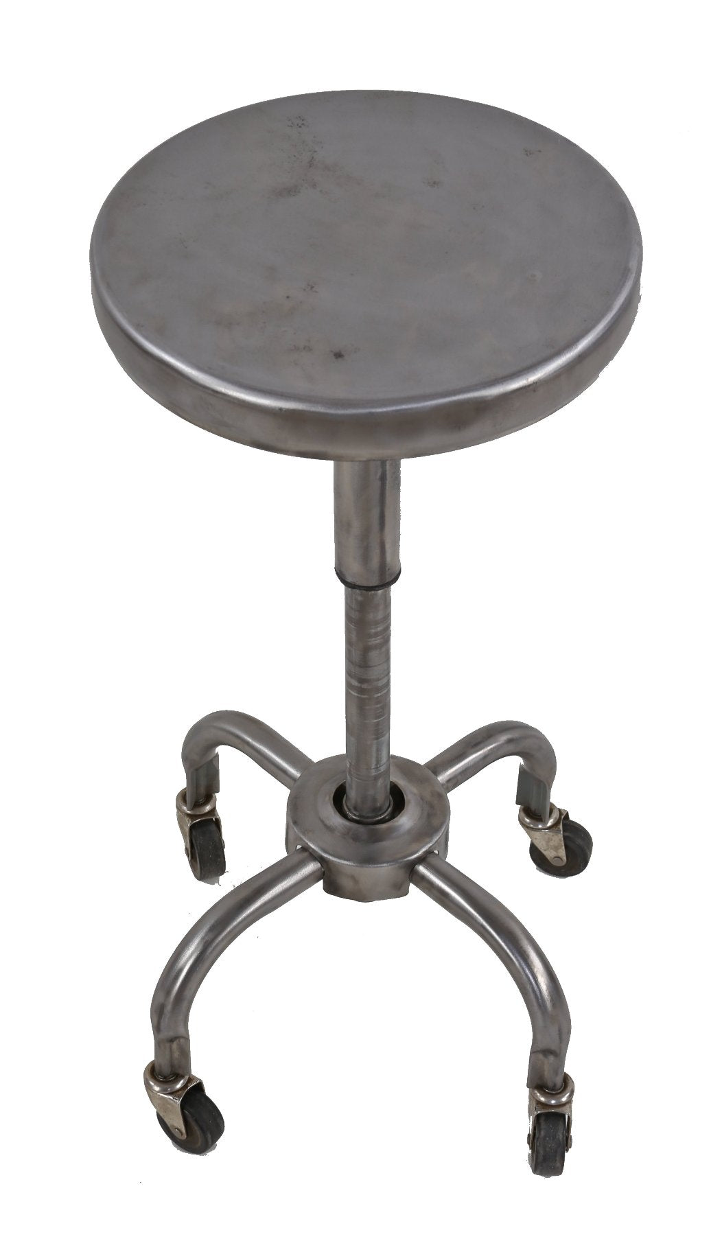 late 1940's fully functional american industrial brushed metal telescoping "adjusrite" stool with original swivel casters