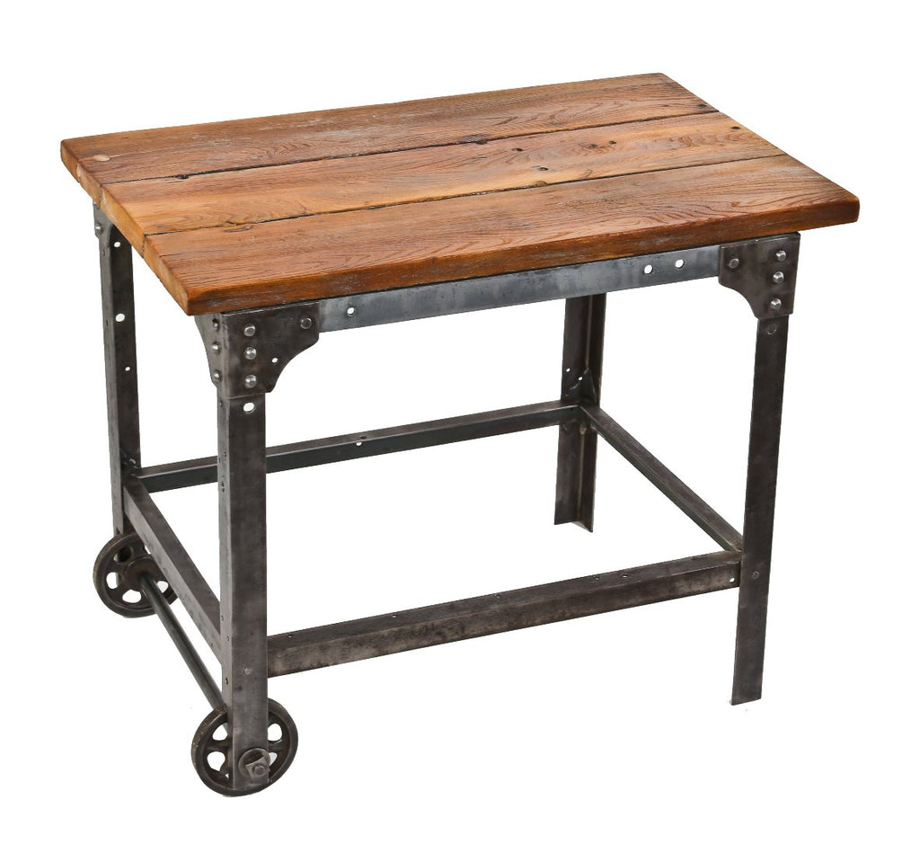early 20th century antique american industrial heavily riveted angled iron mobile foundry cart with solid ash wood tabletop
