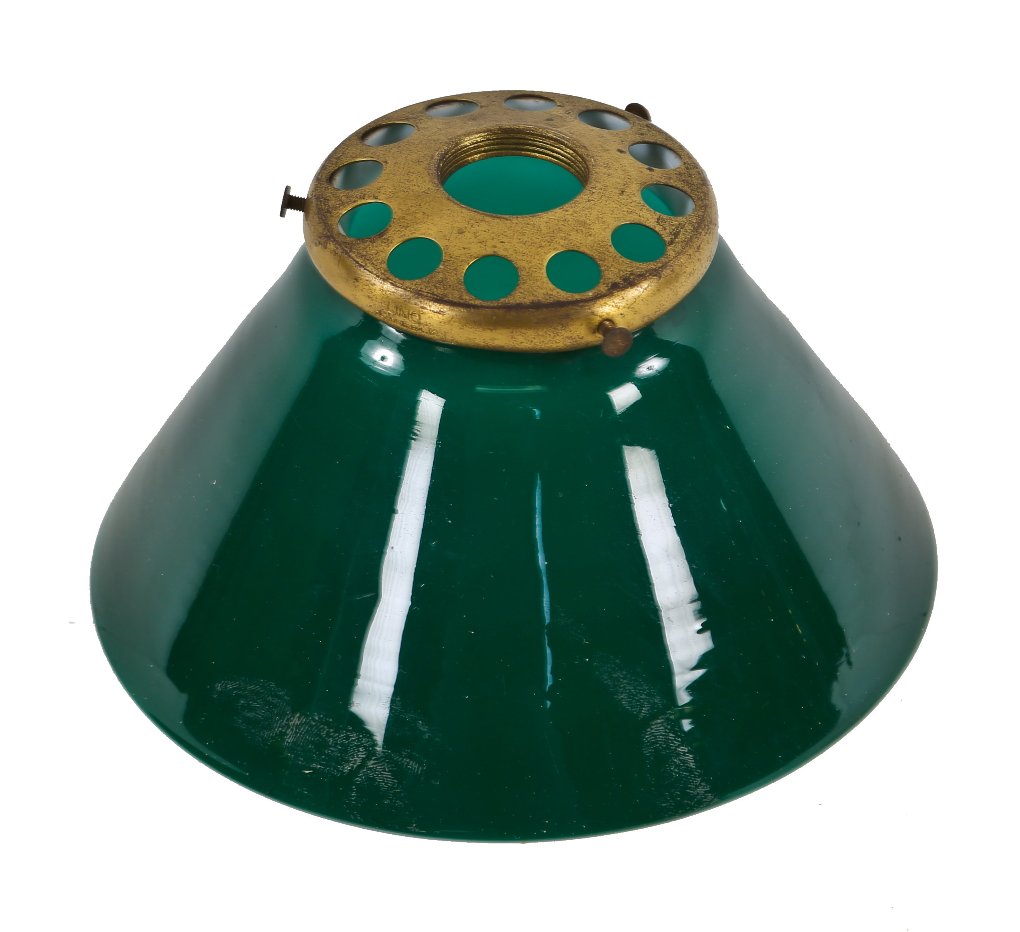 early 20th century original and intact emerald green cased glass conical-shaped interior factory office replacement shade or reflector with ventilated brass shade fitter