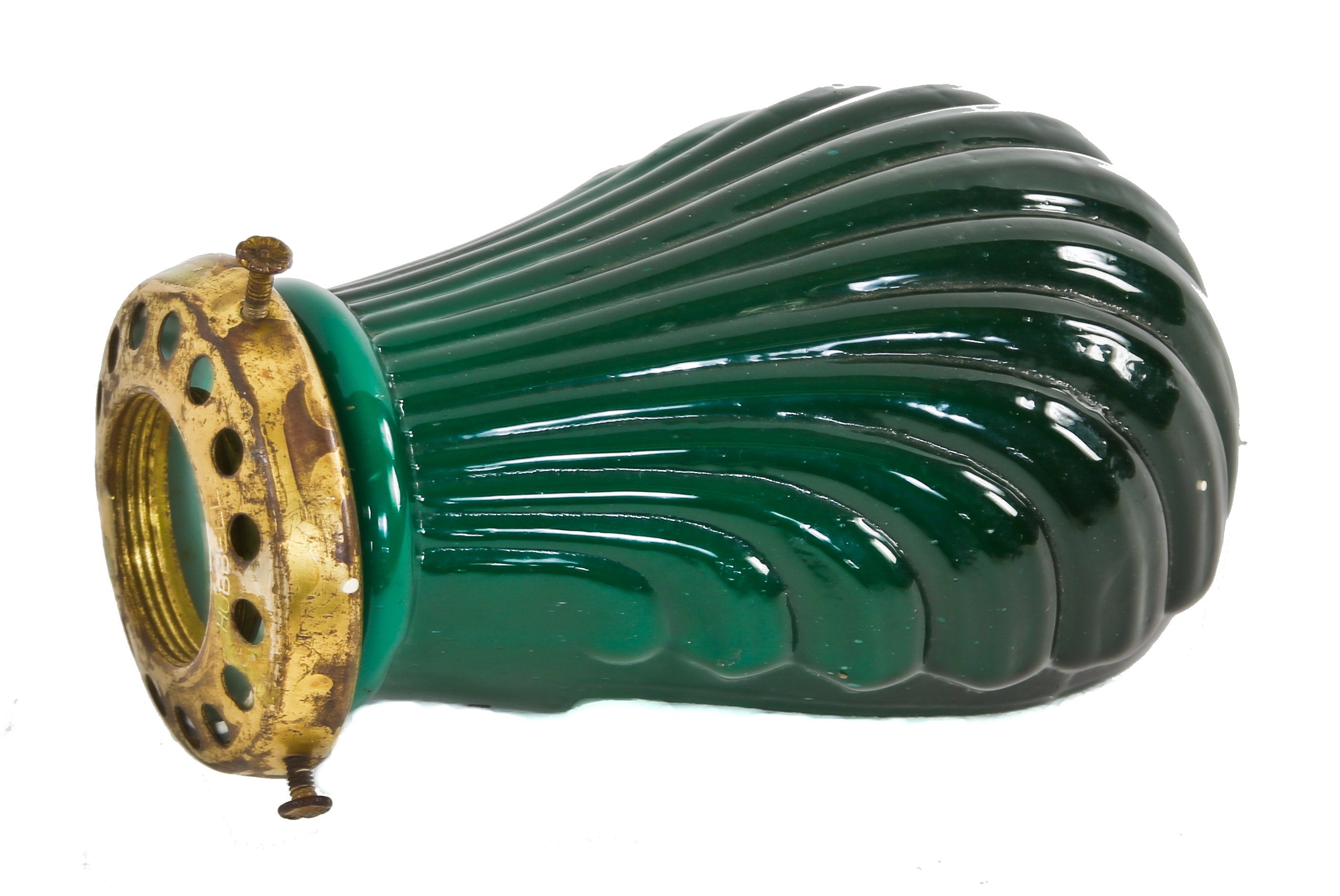 early 20th century highly desirable and richly colored emeralite green "cased glass" diminutive shell-shaped replacement glass shade with original "uno" fitter