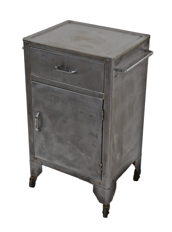 mobile late 1930's reinforced pressed and folded heavy gauge steel hospital examination room cart with opposed towel rods