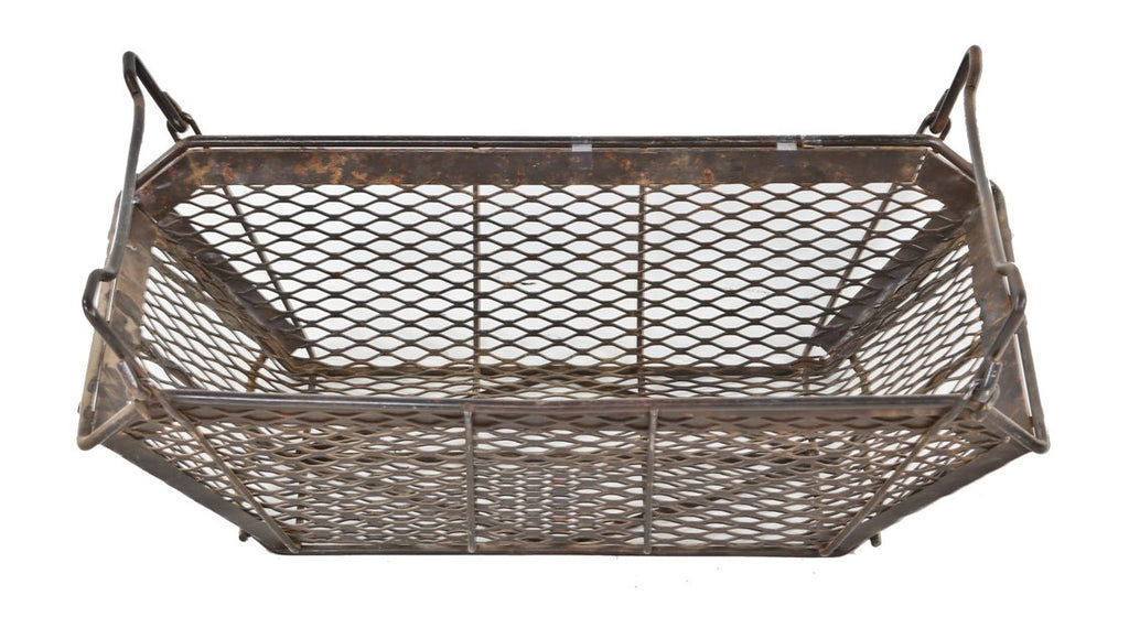 reinforced c. 1940's american industrial heavy gauge diamond mesh steel factory machine shop "small parts" stackable basket