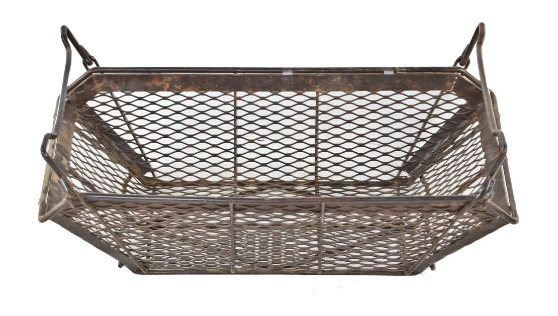 reinforced c. 1940's american industrial heavy gauge diamond mesh steel factory machine shop "small parts" stackable basket