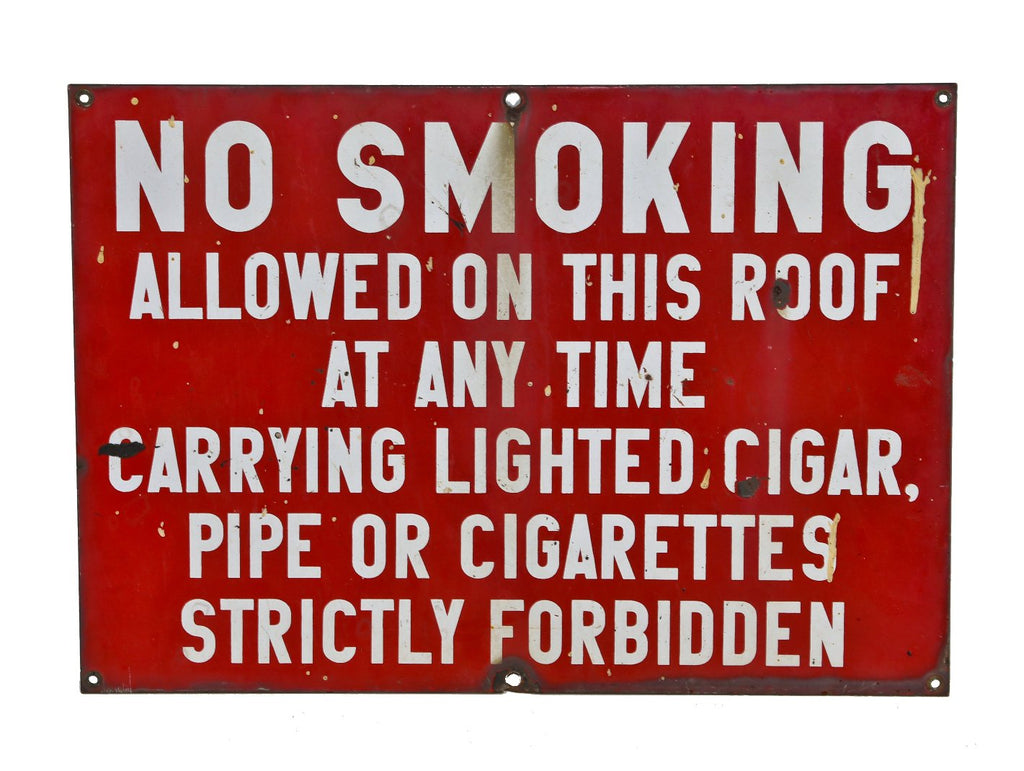 original late 1930's american industrial exterior ford assembly plant rooftop bright red porcelain "no smoking" sign