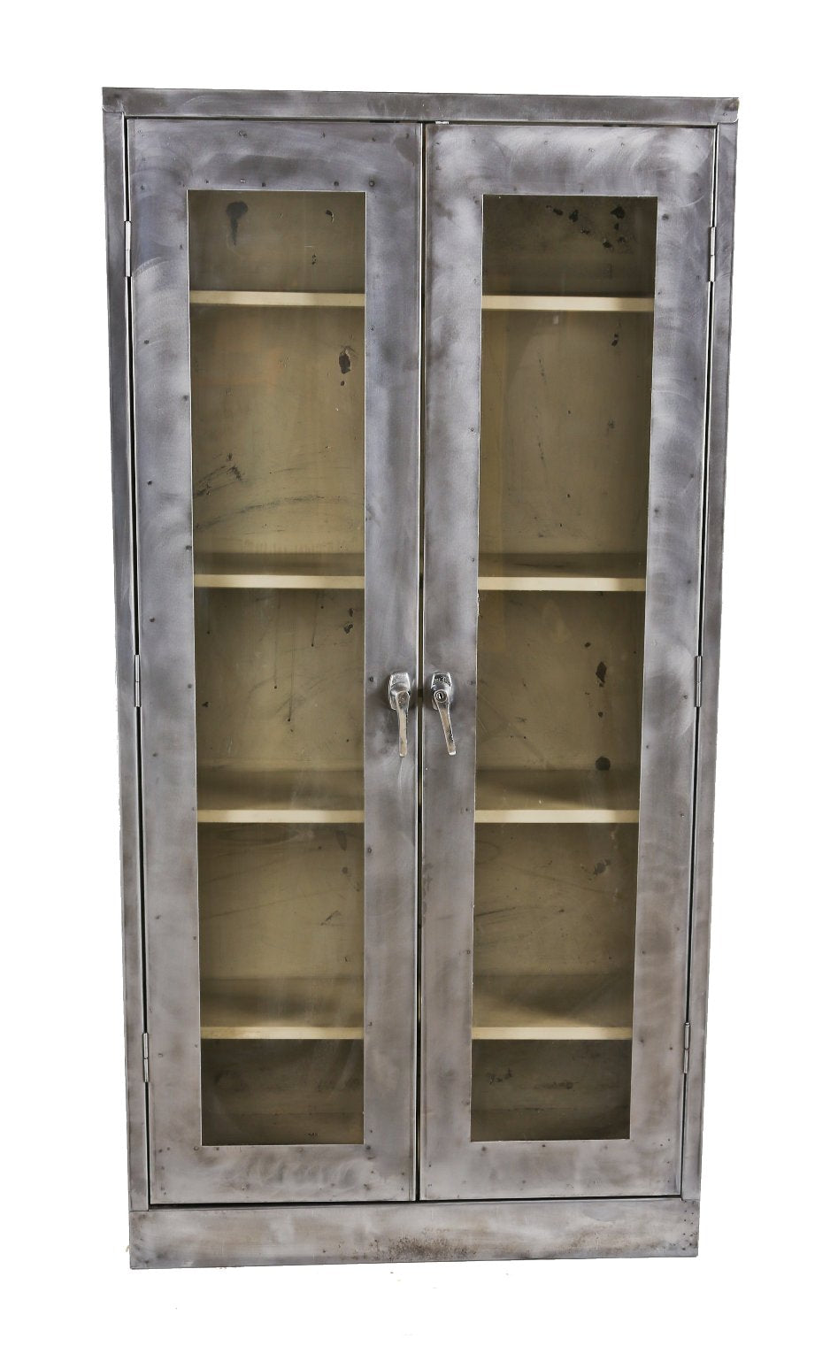 original c. 1950's american medical freestanding double door hospital research laboratory heavy gauge steel storage cabinet with adjustable shelves