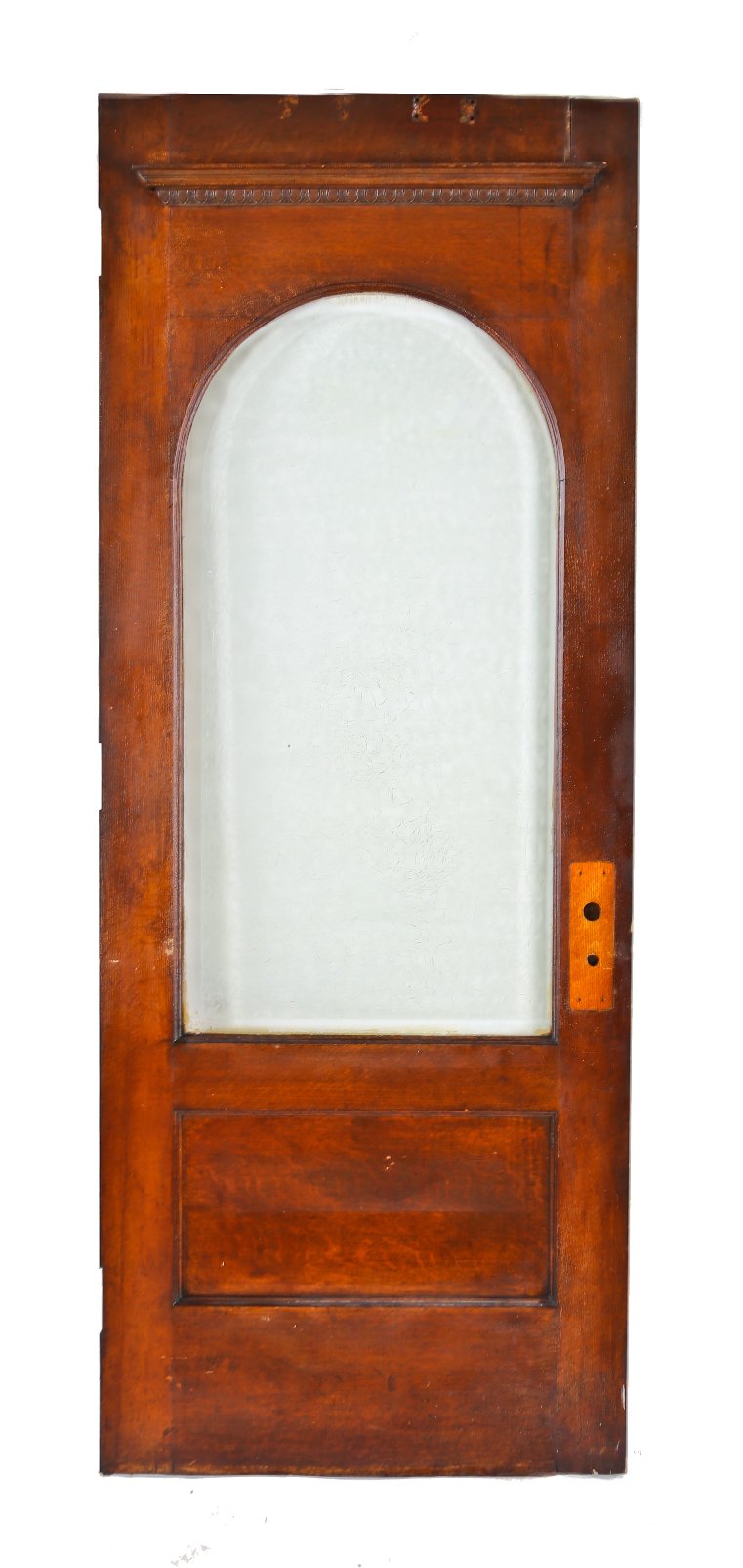 remarkable heavy original early 1900's interior residential varnished oak wood vestibule door with arch top "glue chip" plate glass window