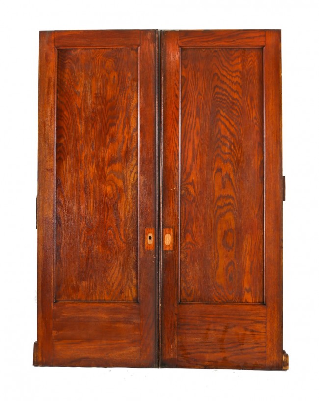 set of two early 20th century american antique interior residential varnished oak wood single recessed panel pocket doors