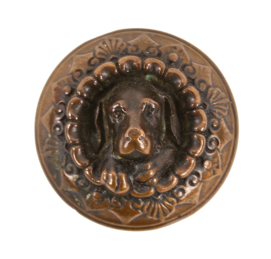sought after original late 1860's ornamental cast bronze figural ludwig kreuzinger-designed  "doggie" doorknob with nicely aged patina